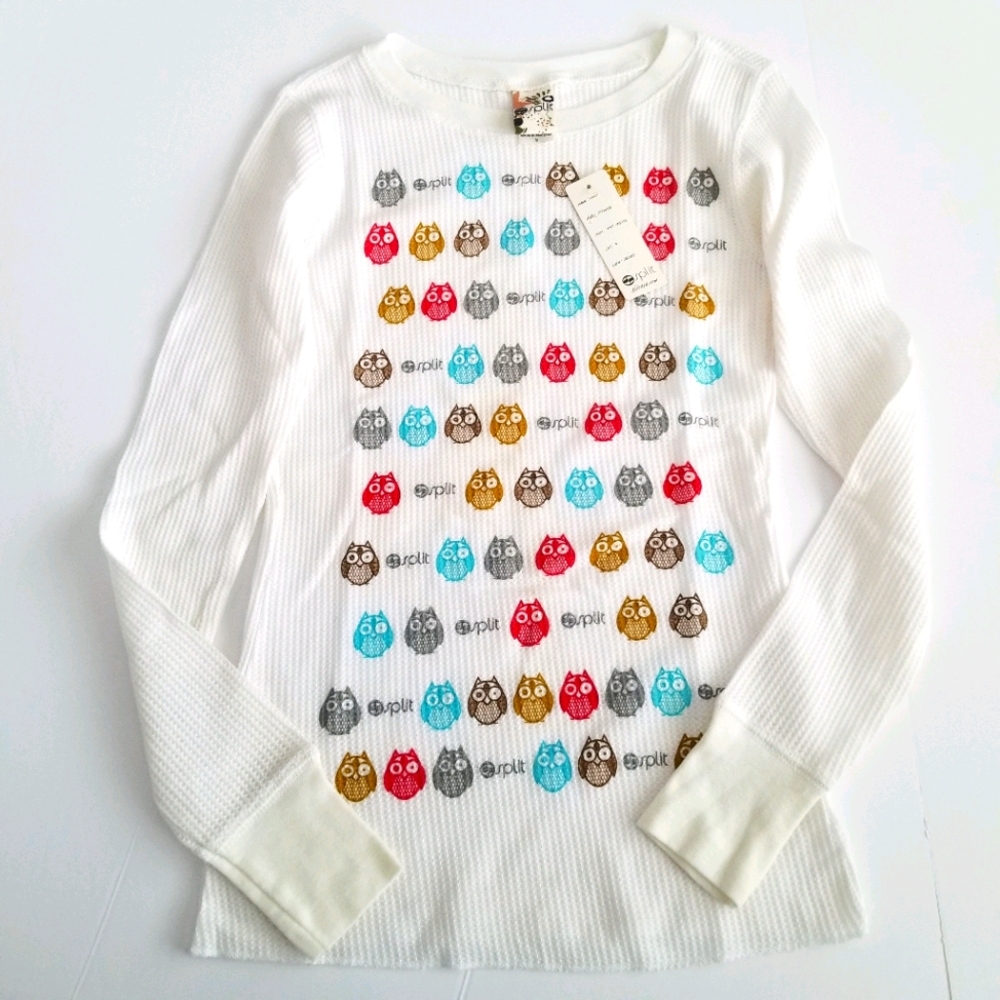 Split Long Sleeve Thermal Tee with Owl Print